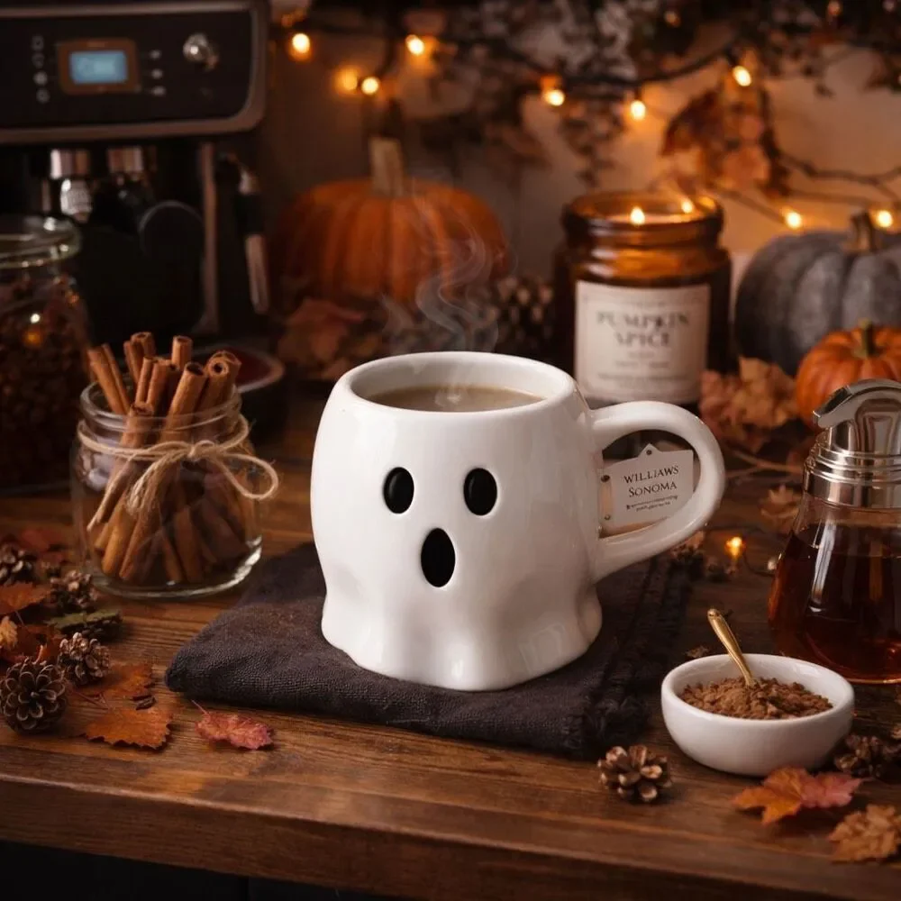 Williams Sonoma Ghost Mug 19oz Halloween Stoneware Spooky Face NWT Coffee Cup